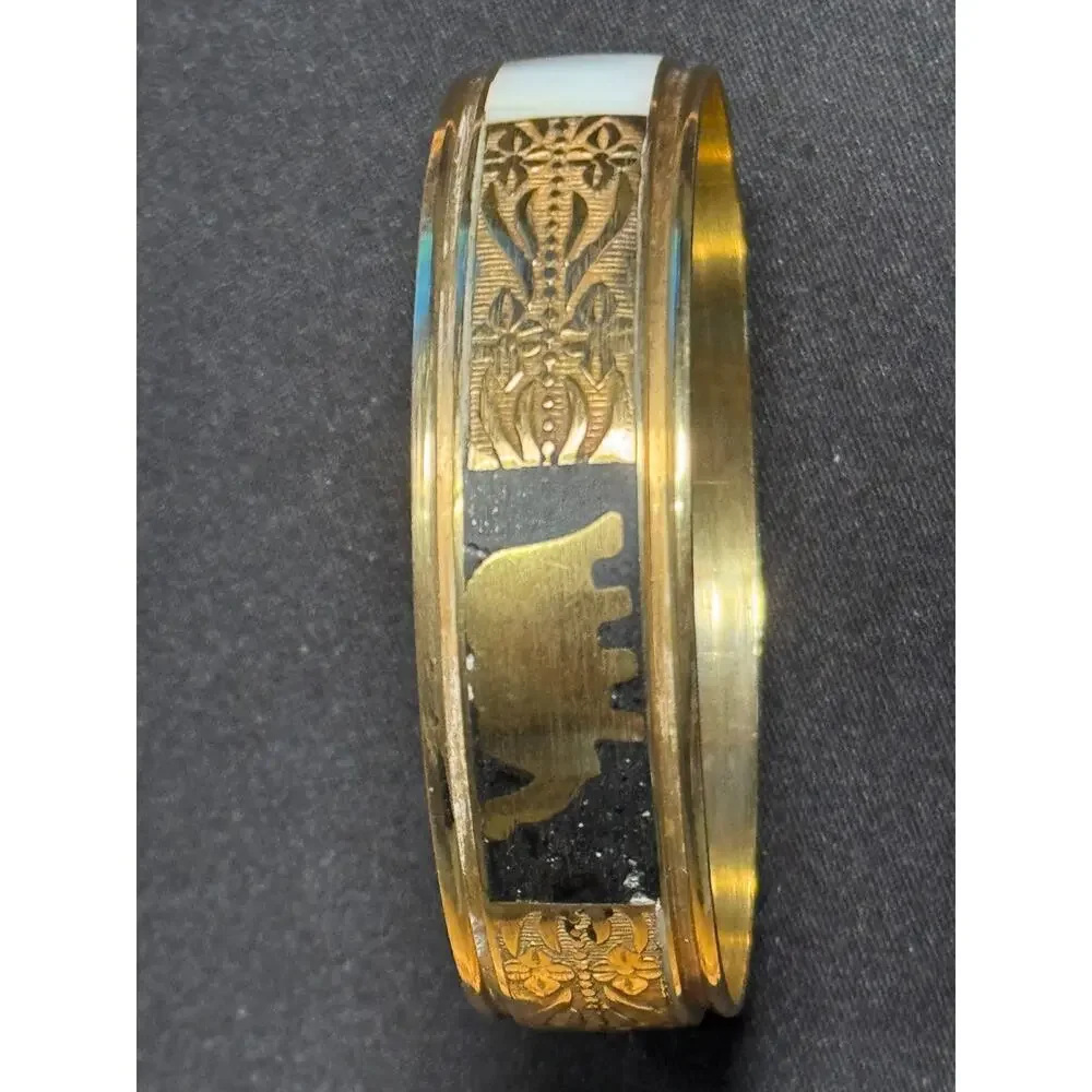 Vintage Etched Brass Bangle w/ Elephants and Mother of Pearl